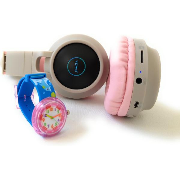 ZaCia Bluetooth Draadloze On-Ear Koptelefoon voor Kinderen GrijsRoze Incl. educatief kinderhorloge - Kattenoortjes - Kinder Hoofdtelefoon - Microfoon - HiFi Stereo Audio - Handsfree - Gehoorbescherming - Schakelbare LED-verlichting - Noise Cancelling