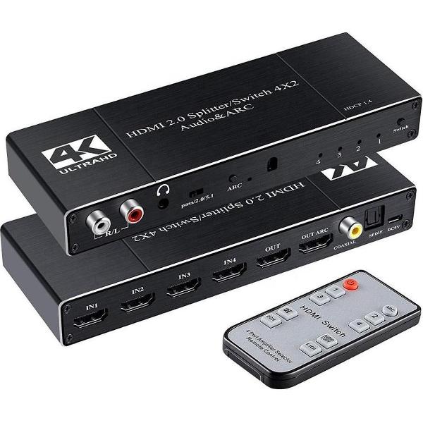 NÖRDIC SGM-154 HDMI switch 4 naar 2 Audio Extractor en ARC, 4K 2K in 60Hz, Zwart