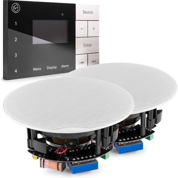 Inbouw stereo set met DAB radio met Bluetooth en 2 plafondspeakers - Systemline E100, compleet in te bouwen stereo set voor keuken, kantoor, etc.