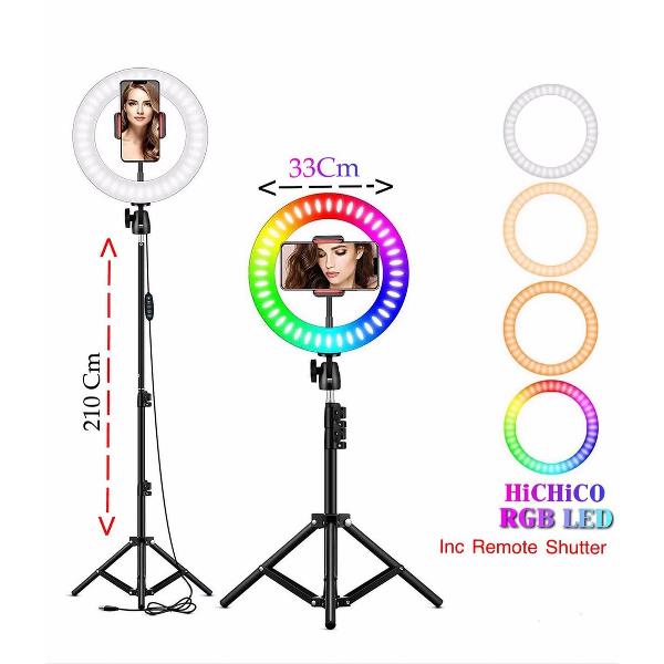 Selfie LED Ring Lamp 33Cm met Extra Kleuren / RGB LED + Tripod - Statief Camera 210 CM hoog Inclusief Bluetooth Shutter en Telefoonhouder Selfie - lamp -Ringlamp - Statief - Tik tok - flitser – Make up light – Studiolamp – Ring Light van HiCHiCO