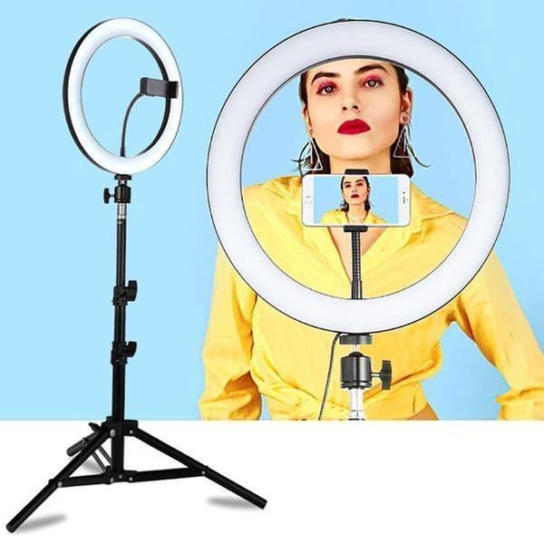 De Los Campos Ringlamp met Statief en Telefoonhouder - Selfie Ring Light Smartphone Houder - LED Ringlight - Ring Lamp 10 Inch - Studiolamp - Verstelbare hoogte & 360 graden draaibaar - 3 lichtkleuren en 10 lichtstanden - Zwart