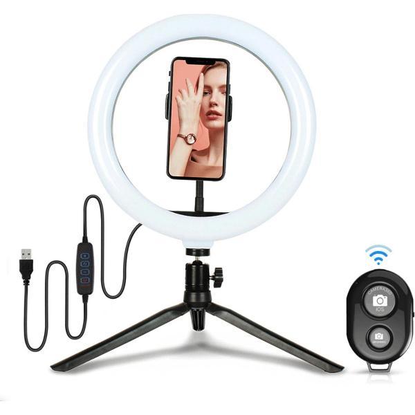 Especially - LED Tafel Ringlamp - 26cm - Tafelstatief - Ringlight - Inclusief 1 telefoonhouder en 3 Licht Standen - USB - TikTok - YouTube - Vlog - Make up - Videobellen - Werk