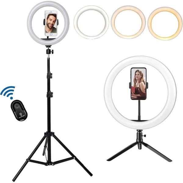10inch Ring Lamp met Statief 160cm & 19cm - Warm, Neutraal en Wit licht - Dimbaar - 30 standen - Bluetooth Afstandsbediening - 26cm LED ringlamp - Make up lamp - Tiktok - Instagram
