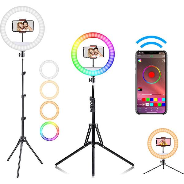 PIXMY - Ringlamp - Smart App - 10 inch - 100+ kleurstanden - Selfie Ring Light - Ring Light - Ringlamp met statief - Ringlight Smartphone Camera - Incl. Telefoonhouder en Nederlandse handleiding - RL10B55APP