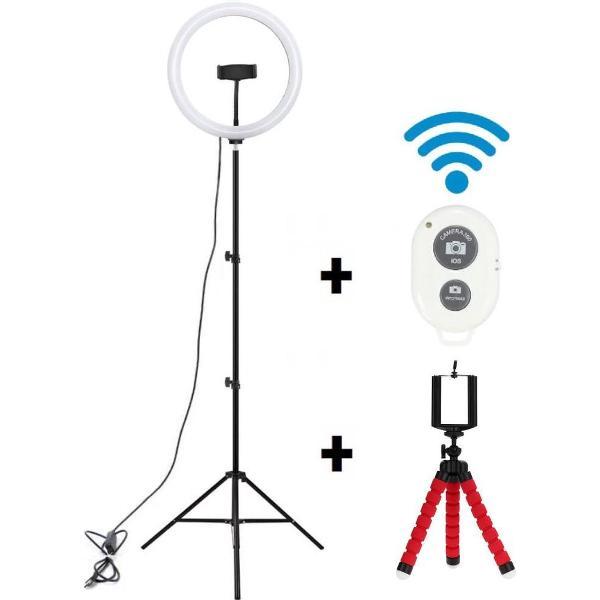 a sunny day ringlamp met statief, telefoonhouder en bluetooth afstandsbediening – LED - 12 inch / 30 cm – 230 hoog
