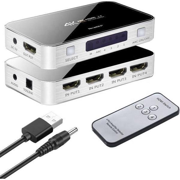 HDMI Switch 4 in 1 uit poort (2020) + afstandsbediening | 4K@60Hz | Aux & SPDIF ingang | ARC