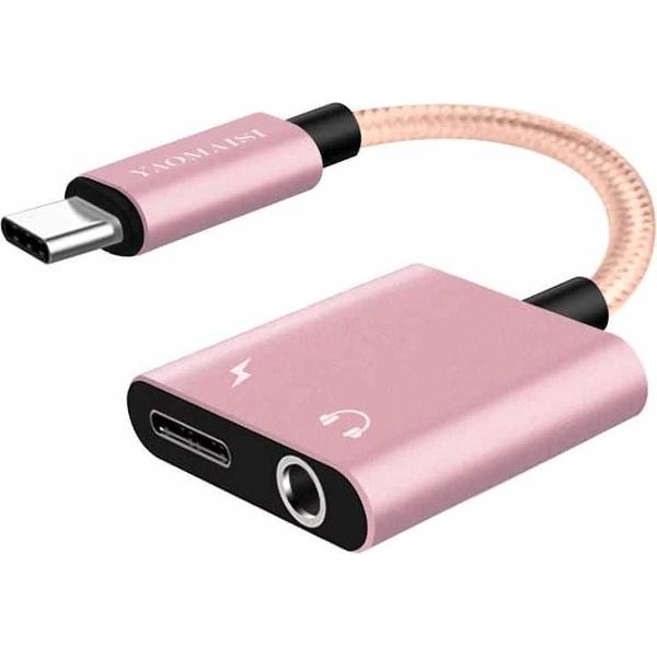 YAOMAISI Q17 12cm 2.4A-uitgang 3.5mm vrouwelijk + USB-C / Type-C vrouwelijk naar USB-C / Type-C mannetje Opladen + Audio-adapter, voor Galaxy S8 & S8 + / LG G6 / Huawei P10 & P10 Plus / Oneplus 5 / Xiaomi Mi6 & Max 2 en andere smartphones (rose goud)