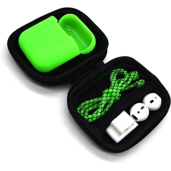 5 in 1 set met siliconen case, koord, horlogehouder, earhooks en opbergetui | geschikt voor Airpods | groen