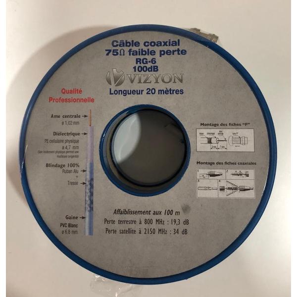 Vizyon Coax kabel Rol 20 Meter 75ohm | Satelliet kabel | RG6U 100 dB 4k Incl. 2xF-connector