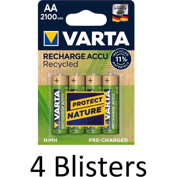 16 Stuks (4 Blisters a 4 st) Varta Recharge Accu Recycled AA Oplaadbare Batterijen 2100 mAh