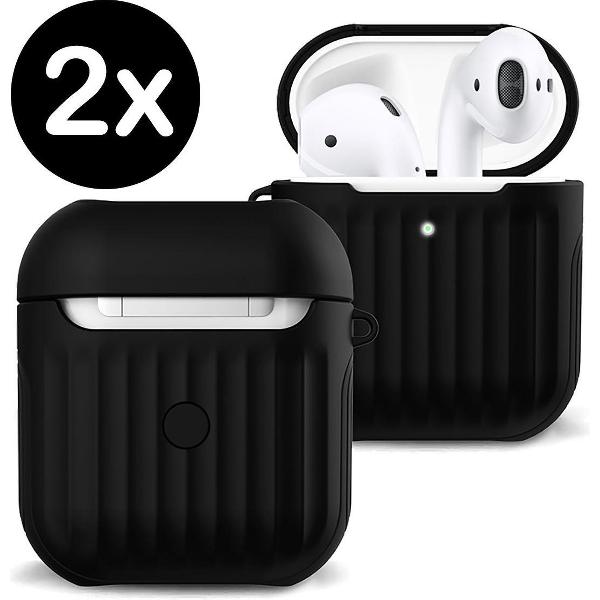 Hoes Voor Apple AirPods 2 Case Hoesje Hard Cover Ribbels - Zwart - 2 PACK