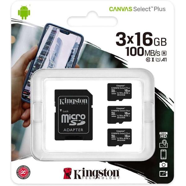 Kingston Canvas Select Plus microSD Card 10 UHS-I - 16GB - SD adapter - 3 Stuks