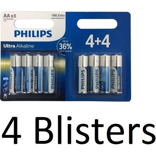 32 Stuks (4 Blisters a 8 st) Philips Ultra Alkaline Lr6/aa Batterijen 4+4