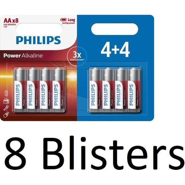 64 Stuks (8 Blisters a 8 st) Philips Power Alkaline AA Batterij 4+4