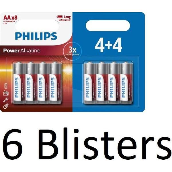 48 Stuks (6 Blisters a 8 st) Philips Power Alkaline AA Batterij 4+4
