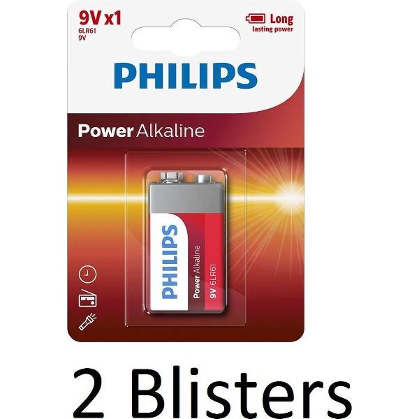 2 Stuks (2 Blisters a 1 st) Philips Power Alkaline batterij 9V