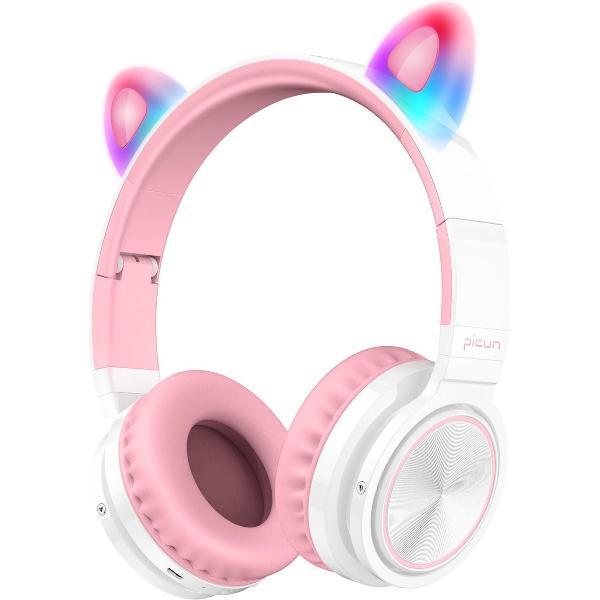 Lovnix Lucky Cat - Draadloze Bluetooth Kinderkoptelefoon - Over-Ear Koptelefoon voor Kinderen - Met Led Kat Oortjes - Wit/Roze