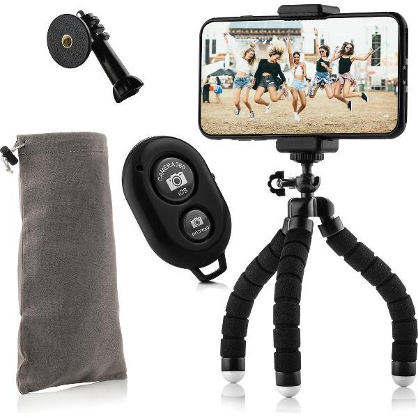 MOJOGEAR Flexibel mini-statief KIT: met telefoonhouder, bluetooth remote, GoPro-adapter & opbergzakje