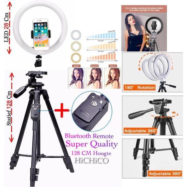 LED Ring Lamp 28Cm + Super Tripod Camera Statief 128 Cm Zwart Inclusief Bluetooth Remote Shutter – HiCHiCO