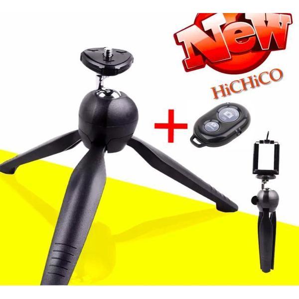 Mini-statief Camerastatief voor fotocamera en telefoon - iPhone - Canon - Nikon - GoPro -Spiegelreflexcamera Inclusief telefoonhouder + Bluetooth shutter – Mini Tripod Zwart - HiCHiCO