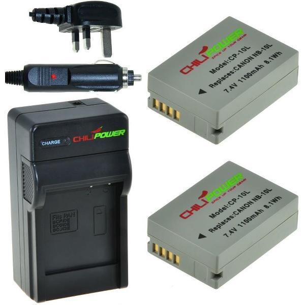 ChiliPower 2 x NB-10L accu's voor Canon - Charger Kit + car-charger - UK version
