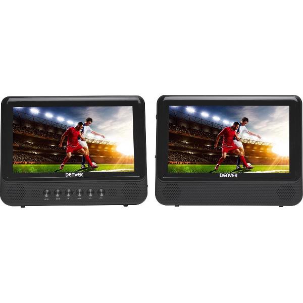 Denver MTW-757Twin / Draagbare DVD speler auto met twee schermen / Oortelefoons meegeleverd / Bevestigingsriempjes / Ingebouwde stereospeakers / USB Poort / Zwart