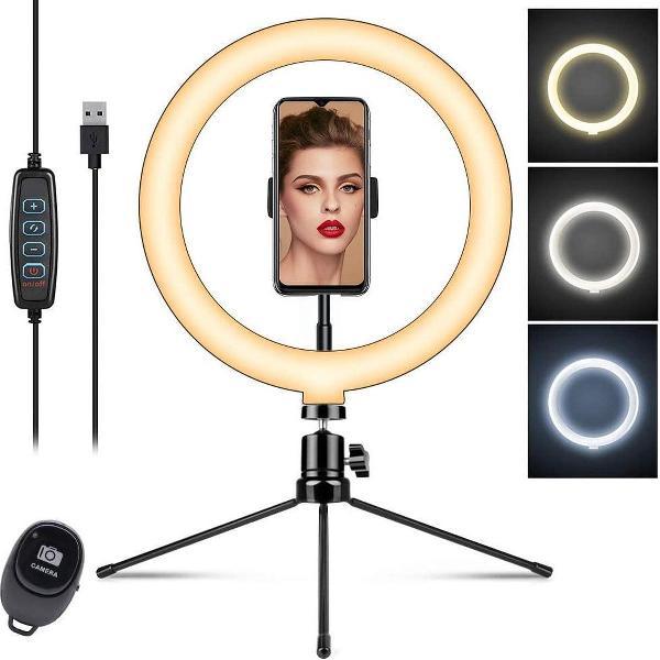 selfie ring licht met statief - ZINAPS LED Ring Light 10 Inch met Tripod Mobile Phone houder voor mobiele telefoon, selfie Ring Light met 3 kleuren en 10 Helderheid niveaus voor Live Stream Fotografie Makeup Video Recording
