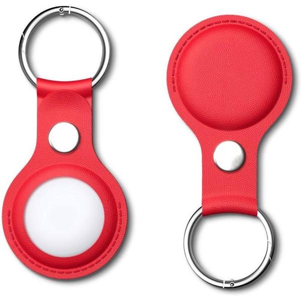 Apple AirTag Hoesje Kunst Lederen met Sleutelhanger Ring Rood