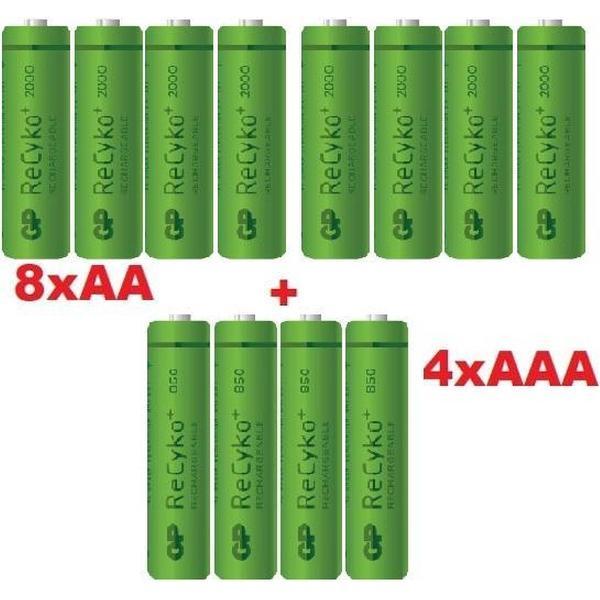 GP 8x AA + 4x AAA ReCyko+ Oplaadbare Batterijen - 12 stuks