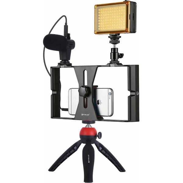 PULUZ 4 in 1 Live-uitzending LED Selfie Light Smartphone-videotoestkits met microfoon + statiefbevestiging + Cold Shoe-statiefkop voor iPhone, Galaxy, Huawei, Xiaomi, HTC, LG, Google en andere smartphones (rood)