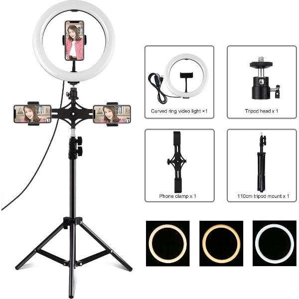PULUZ 1,1 m statiefbevestiging + dubbele telefoonbeugels + 10,2 inch 26 cm USB 3 modi Dimbare dubbele kleurtemperatuur LED gebogen diffuse lichtring Vlogging selfie fotografie videolichten met telefoonklem (zwart)