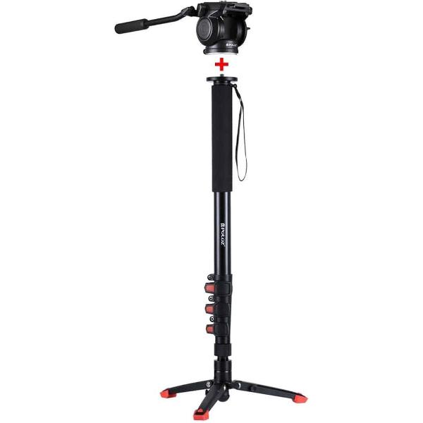 PULUZ Viertraps telescoperende aluminium-magnesiumlegering Zelfstaande monopod + vloeistofkop met steunbasisbeugel