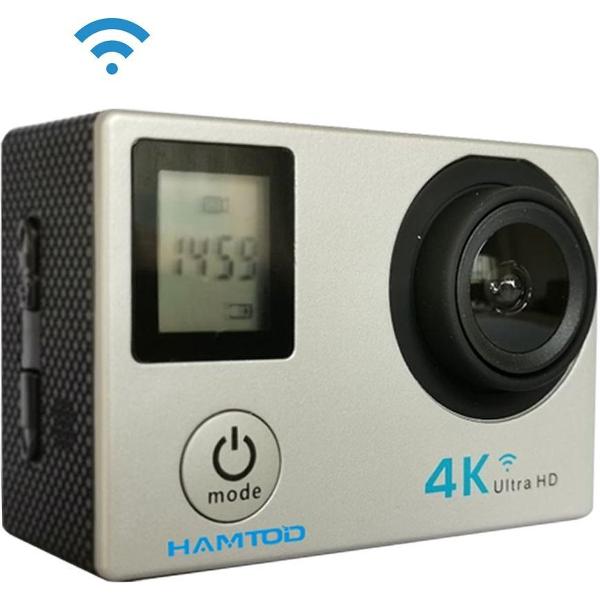HAMTOD H12 UHD 4K WiFi-sportcamera met waterdichte behuizing, Generalplus 4247, 0,66 inch + 2,0 inch LCD-scherm, 170 graden groothoeklens (zilver)