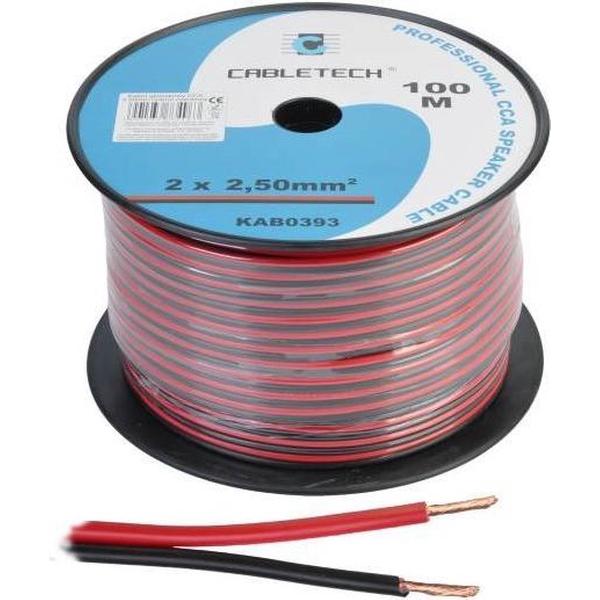 Cabletech - Speaker kabel luidsprekersnoer CCA rood / zwart 2x 2.5mm Haspel 100m