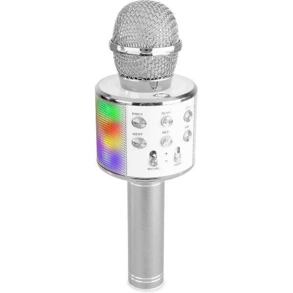 Karaoke microfoon - karaoke set - MAX KM15S draadloze karaokemicrofoon met ingebouwde LED's, speaker, Bluetooth, selfiefunctie mp3, echo effect & stemvervormer - Zilver