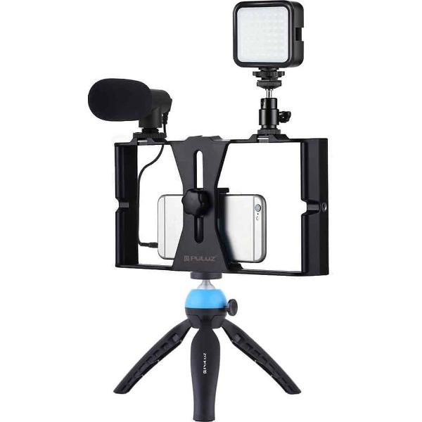 PULUZ 4 in 1 Vloggen Live-uitzending LED Selfie Invullicht Smartphone Video Rig Kits met Microfoon + Statiefbevestiging + Cold Shoe Statiefkop voor iPhone, Galaxy, Huawei, Xiaomi, HTC, LG, Google en andere smartphones (blauw)
