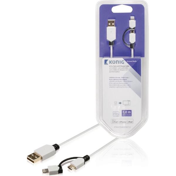 König KNM39400W10 Sync And Charge Kabel Usb Micro B Male - A Male + 8-pins Lightning Male Adapter 1,00 M Wit
