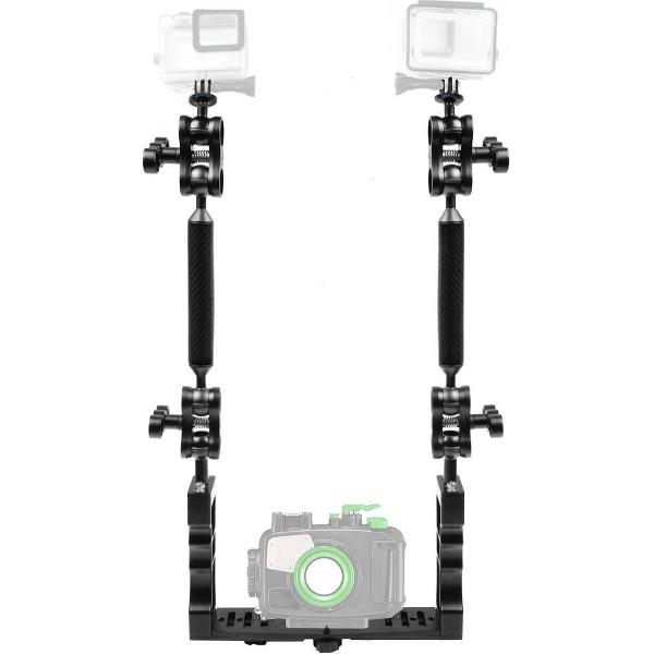 PULUZ aluminium handgreep met dubbele handgreep en stabilisator met 4 x dubbele kogel van aluminiumlegering en 2 x 7 inch zwevende arm en 2 x kogelkopadapter voor onderwatercamerabehuizingen