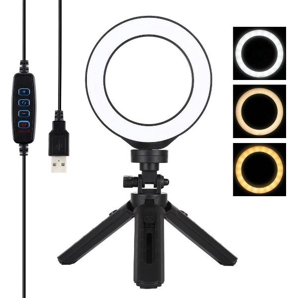 PULUZ 4.7 inch 12cm USB 3-standen Dimbare LED-ring Vlogging Fotografie Videolichten + Zak Statiefbevestigingsset met koude schoen Statief Balhoofd (zwart)