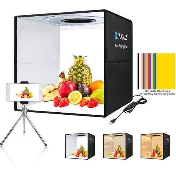 PULUZ 40cm Opvouwbare draagbare ringverlichting USB-fotoverlichting Studio-opnametentdoos met 6 x dubbelzijdige kleurenachtergronden, afmetingen: 40cm x 40cm x 40cm (zwart)