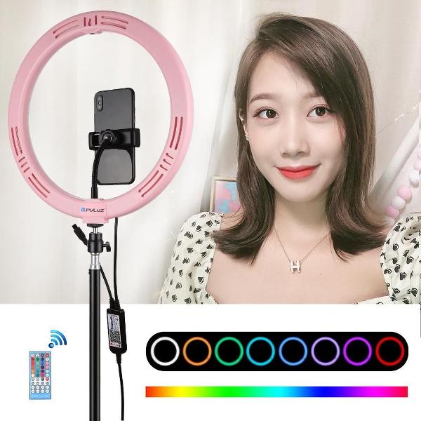 PULUZ 11,8 inch 30 cm RGB Dimbare LED Dubbele kleurtemperatuur LED Gebogen diffuse lichtring Vlogging Selfie Fotografie Videolichten met koude schoen Statief Balhoofd & telefoon Klem & afstandsbediening (roze)