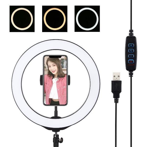 PULUZ 10,2 inch 26 cm USB 3-standen Dimbare LED-ring Vlogging Selfie Fotografie Videolichten met koude schoen Statief Balhoofd & telefoonklem (zwart)