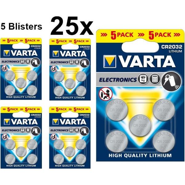 25 Stuks (5 Blisters a 5st) - VARTA CR2032 3v lithium knoopcel batterij