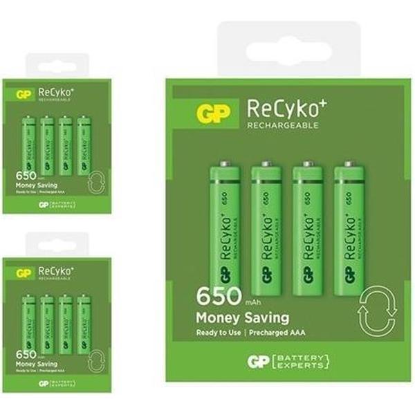 12 Stuks (3 Blisters a 4st) - GP R03/AAA GP ReCyko+ 650 Series 650mAh oplaadbaar
