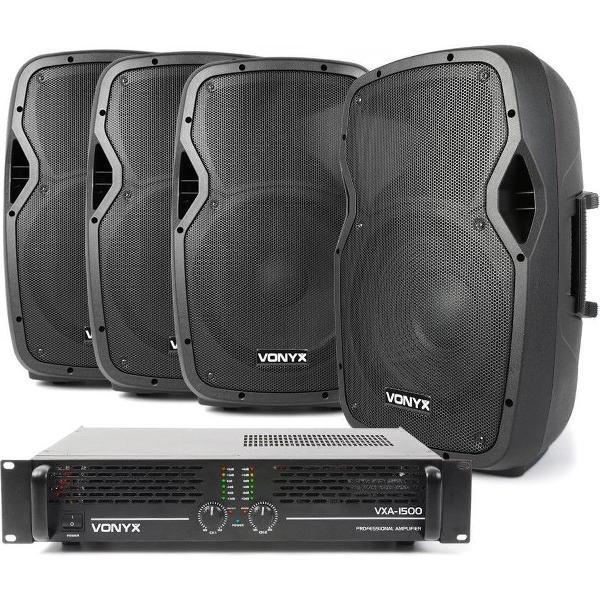 Geluidsinstallatie - Vonyx complete geluidsinstallatie met versterker, 4 speakers (12 inch) en 4 speakerkabels (10 mtr) voor horeca, kantine, buurthuis, etc. - 1500W