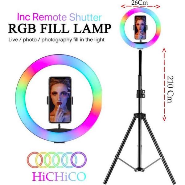 Selfie LED Ring Lamp met Kleuren 26Cm / RGB LED + Statief Tripod Camera 210 CM hoog Inclusief Bluetooth afstandsbediening en Telefoonhouder Smartphone – LTP Trading