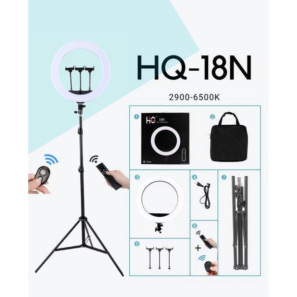 HQ-18N | 18 inch ringlamp met statief tot 190 cm | Incl. 2 afstandsbedieningen en 3 telefoonhouders | draagtas | USB-oplader | Instagram | Tik Tok | Fotostudio | Fotografie | Ringlicht | Ringlight