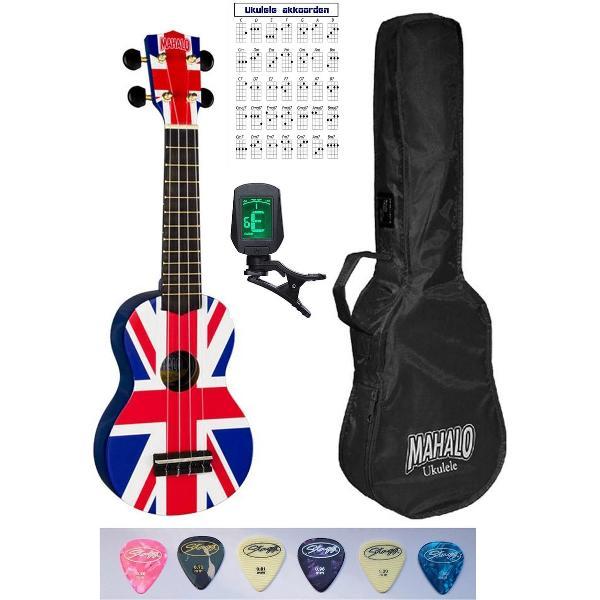 Mahalo sopraan ukulele starter pakket Britse vlag + stemapparaat + draagtas + 6 plectrums + akkoordenkaart