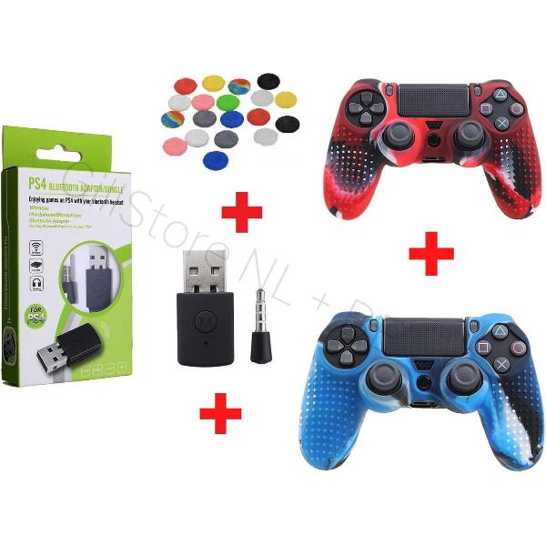 PREMIUM DELUXE - Bluetooth PS4 Dongle + 4 Thumb Grips - Rood - Zwart - Blauw - Grijs + 2 x PS4 Anti Slip Skin Kleur Special Red and Blue - BT Adapter - Erg handig voor elke AIRPODS of welke BLUETOOTH Headset dan ook - Gratis Verzending