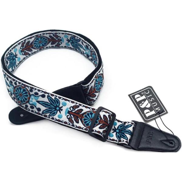 Gitaarband - Gitaarriem - gekleurd - geborduurd wit - blauw
